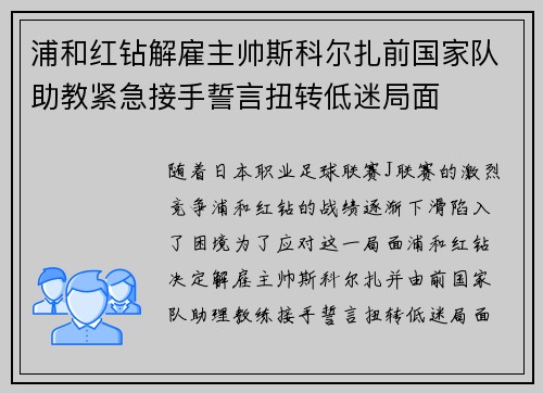 浦和红钻解雇主帅斯科尔扎前国家队助教紧急接手誓言扭转低迷局面